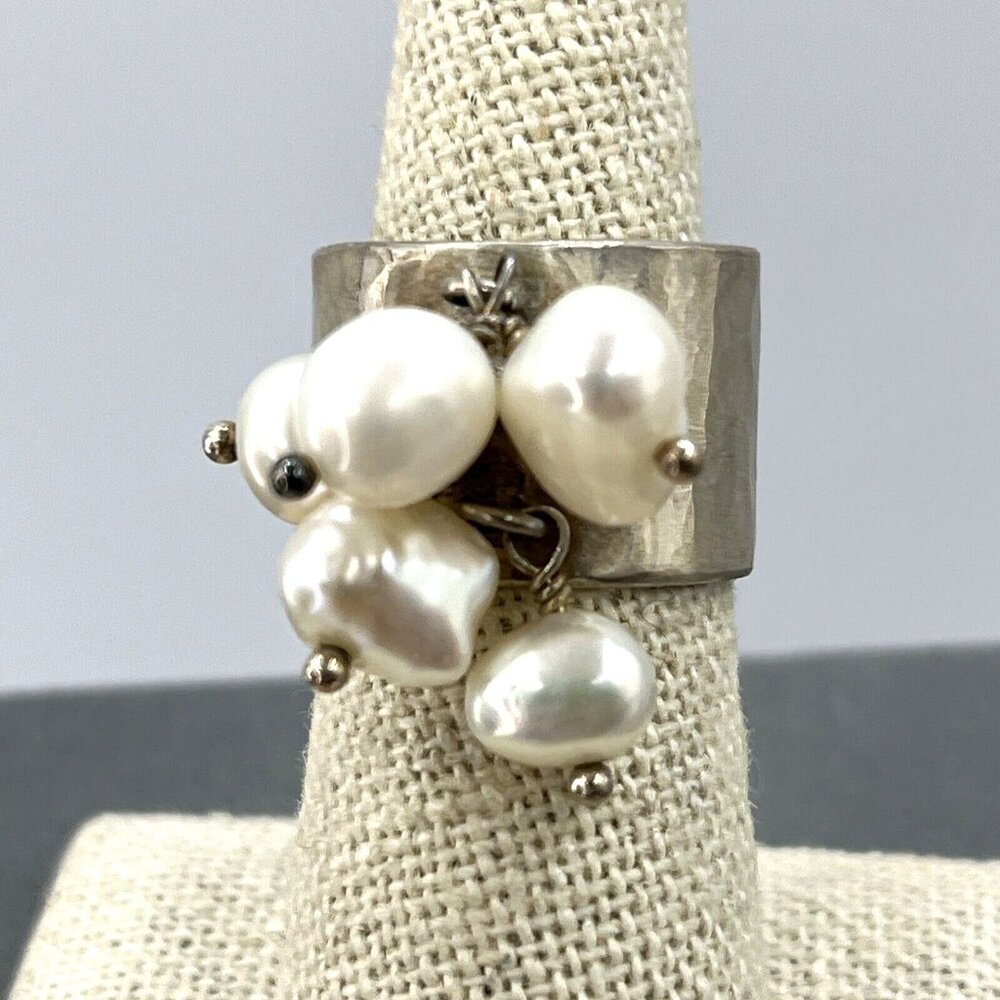 Sterling Silver & Natural Pearl Wide Band Cha Cha Ring Size 6.5